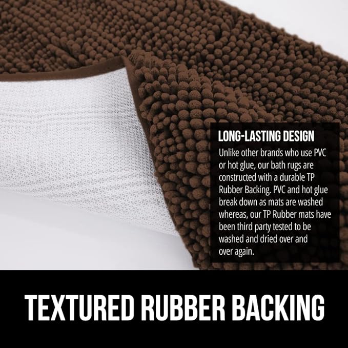 GORILLA GRIP Bath Rug Mat, Thick Soft Absorbent Chenille, Quick Dry Microfiber Mats, Rubber Backing Washable Shower Floor Rugs, Bathmat Runner, US Designed Bathroom Home Decor Accessories 24x17, Brown