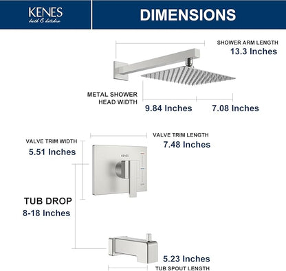 KENES Brushed Nickel Tub Shower Faucet Set Complete, Tub and Shower Trim Kit with 10-Inch Rain Shower Head, Square Shower System, KE-6024A (Shower Valve Included)