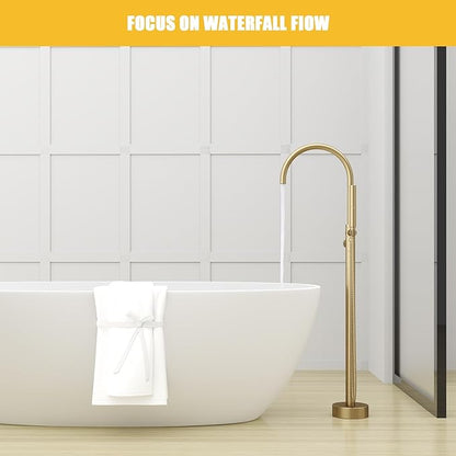BESy Freestanding Bathtub Faucet Tub Filler Free Standing Floor Mount Stand Brass Bathroom Tub Faucets Sets with 2 Function Hand Sprayer Shower Wand Swivel Spout, Brushed Gold Finish