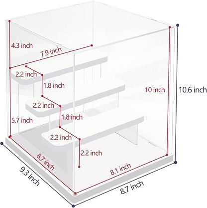 Choowin 4 Tier Small Clear Acrylic Display Case for Collectibles, Mini Figures, Pop Mart, Labubu, Sonny Angel, Smiski - Assemble Dustproof Acrylic Display Box with Door, Stand (White Base Step)