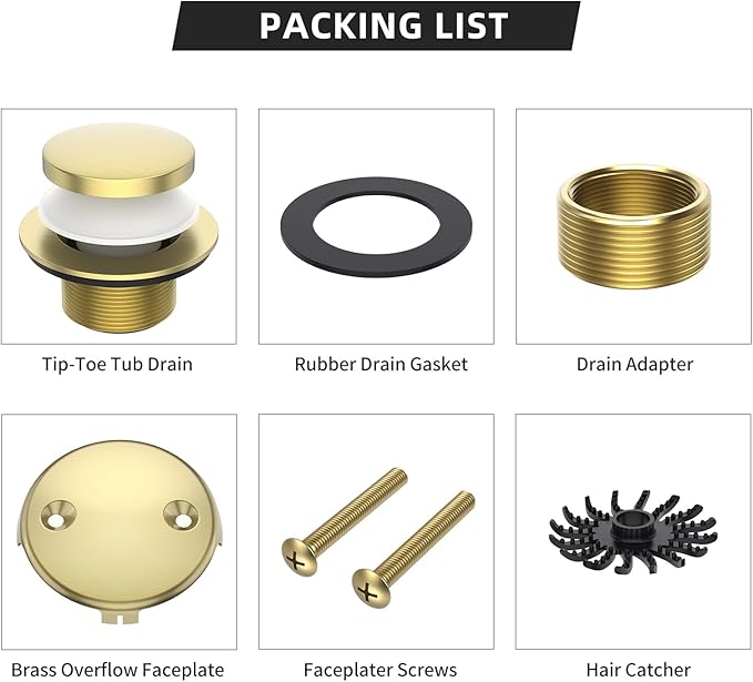 Brushed Gold Tub Drain, Brass Bathtub Drain Kit with Hair Catcher, Tip-Toe Bath Drains and Overflow Replacement kit, Tub Drain Stopper with Two-Hole Overflow Faceplate Conversion kit Assembly