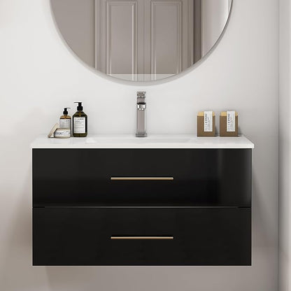 36" Wall Mounted Bathroom Vanity with Sink, High Gloss Black Floating Cabinet, Modern Gold Handles, 2 Soft Close Drawers, Integrated Ceramic Top for Powder Room