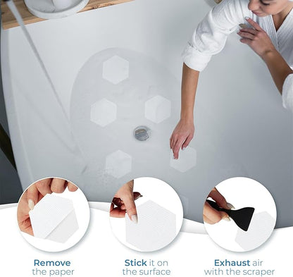Anti-Slip Shower Stickers for Tub & Shower Floor — Original White Hex Non-Slip Bathtub Stickers, 24 Pack 3.25”, Micro-Pyramid Grip, Scraper Included, Easy Apply