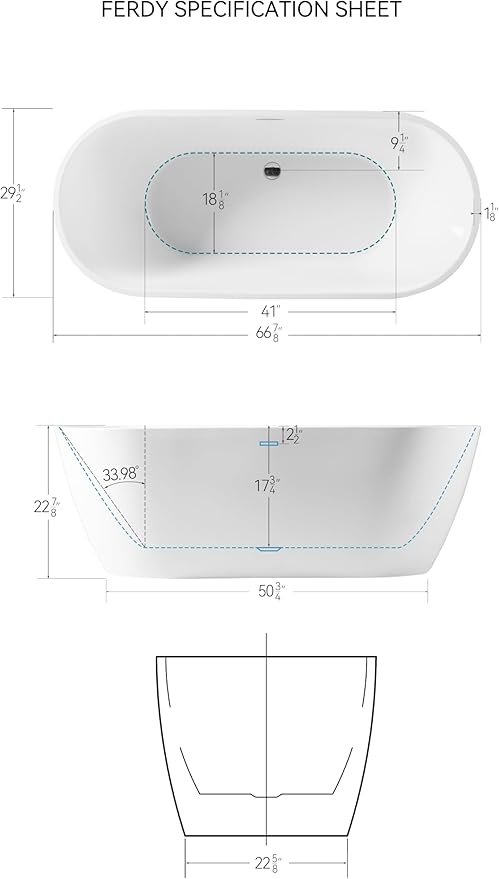FerdY Nauru 67" Acrylic Freestanding Bathtub, Ergonomic Lightweight Classic Oval Soaking Bathtub with Toe-Tap Chrome Drain, Classic Slotted Overflow, Glossy White