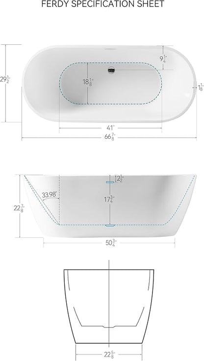 FerdY Bali 67" Acrylic Freestanding Bathtub, Ergonomic Lightweight Classic Oval Soaking Bathtub with Chrome Drain, Classic Slotted Overflow, Modern White