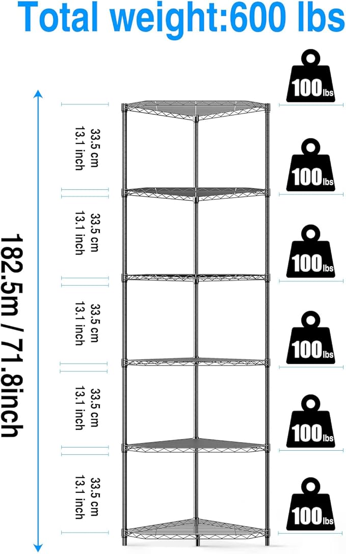 Black 6 Tier NSF Metal Pentagonal Corner Wire Shelving Units, 600lbs Storage Rack with Feet for Kitchen, Utility Room, Warehouse, 72" H x 20" L x 20" W