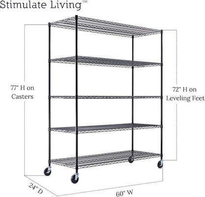 60"x24"x72" PRIME HEAVY DUTY Black 5-Tier Wire Shelving NSF 3000 LBS MAX Capacity Storage Rack for Commercial, School, Home, Garage, Warehouse, Industrial, and Hospital Uses (with Wheels)