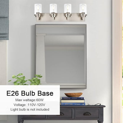 MELUCEE 4 Lights Vanity Light Brushed Nickel Modern Bathroom Lighting Fixtures Over Mirror with Clear Glass Shade, Industrial Wall Lights for Mirror Cabinet Kitchen