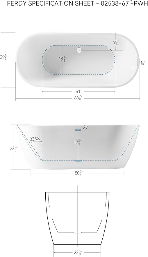 FerdY 67" Bali Acrylic Freestanding Bathtub, Gracefully Shaped Freestanding Soaking Bathtub, cUPC Certified, Toe-Tap Polished White Drain and Minimalist Linear Design Overflow Included