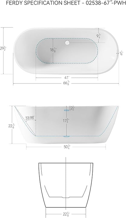 FerdY 67" Bali Acrylic Freestanding Bathtub, Gracefully Shaped Freestanding Soaking Bathtub, cUPC Certified, Toe-Tap Polished White Drain and Minimalist Linear Design Overflow Included