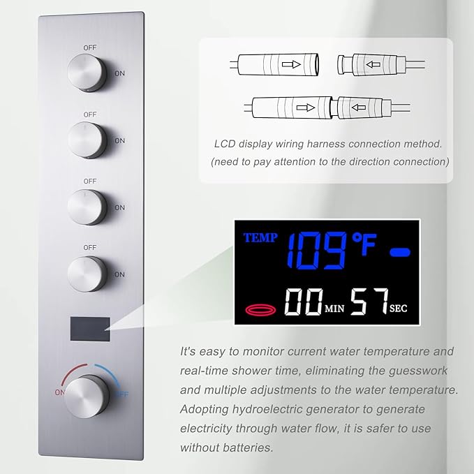 Brushed Nickel Digital Display Shower System with 16X24 inch Ceiling Mounted Shower Head(Rain&Waterfall Modes), with Handheld Spray and 6 PCS Dual Modes Body Jet