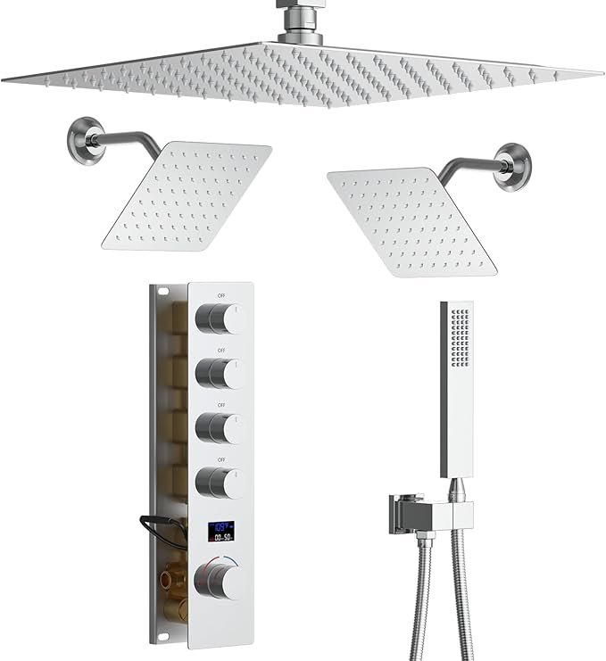 Polished Chrome Shower System with 12 inch Ceiling Mounted Shower Head and Dual 8 inch Wall Mounted Shower Head, Digital Display Shower Faucet Set with Handheld Spray