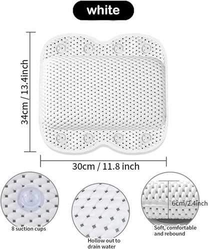 Bath Pillow Non Slip Spa Bathtub Head & Neck Rest Support, Headrest with Soft 4D Mesh Fabric, Permeable Quick Drying Air Mesh Tub Pillow with 8 Suction Cups, Soft & Relaxing, White