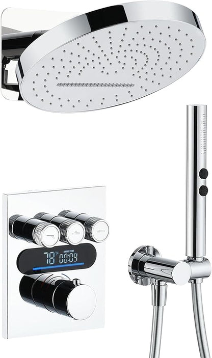 Lefton Shower System in Fahrenheit Display (Battery-free), 13” Overhead Round Rainfall Shower Head with All-in-one Handheld Spray Showerhead, 4-in-1 Control System, SSWM2501 (Chrome)