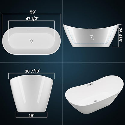 59'' Acrylic Freestanding Bathtub, Deep Soaking Tub with Non-Slip Base, cUPC Certified Free Standing Tub, Chrome Drain Bath Tub, Modern Tub for Bathrooms, White