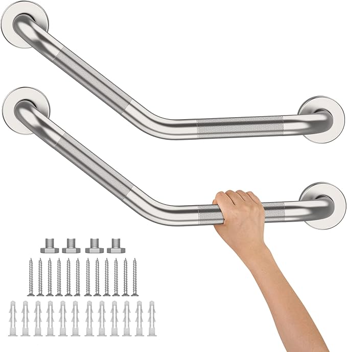 16 Inch Angled Shower Grab Bar, Munzong 2 Pack Anti Slip Satin Brushed Nickel Bathroom Grab Bar, Knurled Bathroom Balance Bar,Safety Hand Rail Support Handicap Elderly Injury Senior Assist Bath Handle