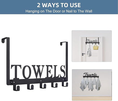 Over The Door Hooks, Towel Rack for Bathroom Towel Holder for Hanging Heavy Duty,Towel Hanger with 5 Hooks for Bedroom Bathroom Kitchen, Black