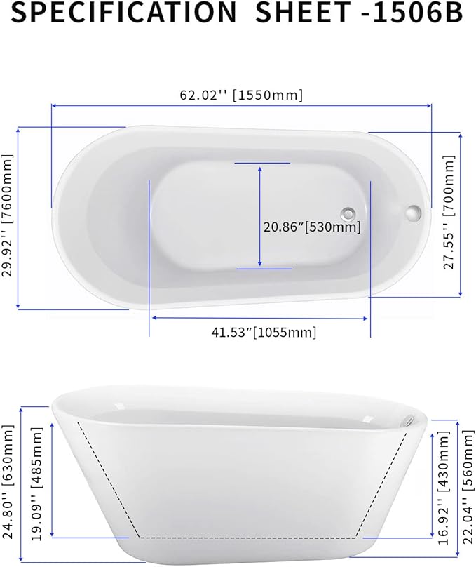61" Acrylic Freestanding Bathtub, Single Slipper Free Standing Tub, Soaking Tub with Integrated Slotted Overflow, Toe-Tap Chrome Drain, cUPC Certified, Glossy White