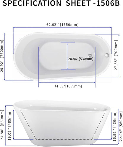 61" Acrylic Freestanding Bathtub, Single Slipper Free Standing Tub, Soaking Tub with Integrated Slotted Overflow, Toe-Tap Chrome Drain, cUPC Certified, Glossy White