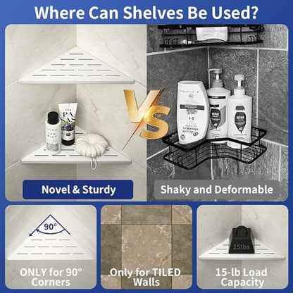 Corner Shower Shelf, 304 Stainless Steel with Slot Design for Bathroom Storage, Grout in Shelf for Tiled Wall (White, 10"-2 Pack)
