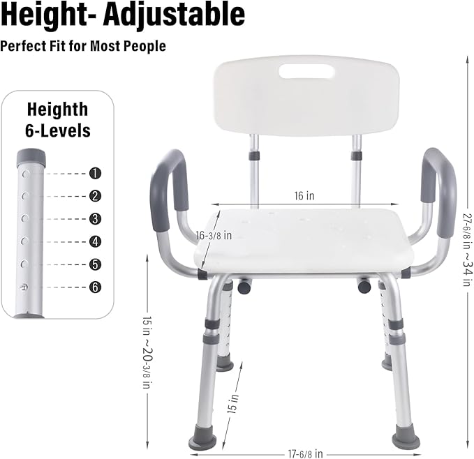 FSA/HSA,500 lbs Heavy Duty Shower Seat for SeniorsShower Chair for Inside Shower with Arms and Back, Height Adjustable Shower Chair for Elderly and Disabled with Enhanced Non-Slip Feet