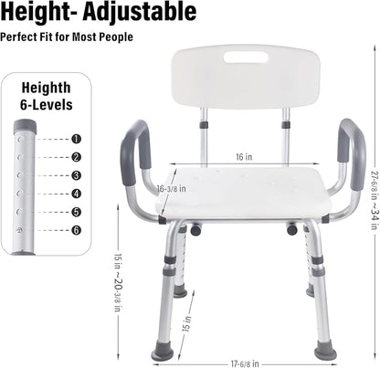 FSA/HSA,500 lbs Heavy Duty Shower Seat for SeniorsShower Chair for Inside Shower with Arms and Back, Height Adjustable Shower Chair for Elderly and Disabled with Enhanced Non-Slip Feet
