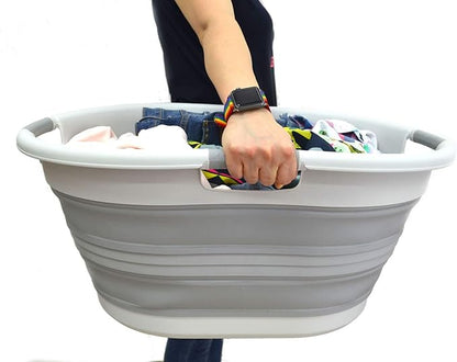 SAMMART 57L (15 Gallons) Collapsible 3-Handled Plastic Laundry Basket - Oval Tub - Portable Washing Tub-Space Saving Laundry Hamper, Water Capacity 44L / 11.6 Gallon (1, Grey)
