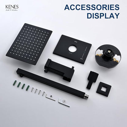 KENES Matte Black Tub Shower Faucet Set Complete with 10-Inch Rainfall Shower Head and Tub Spout, Square Tub and Shower Trim Kit, KE-6024A-2 (Shower Valve Included)