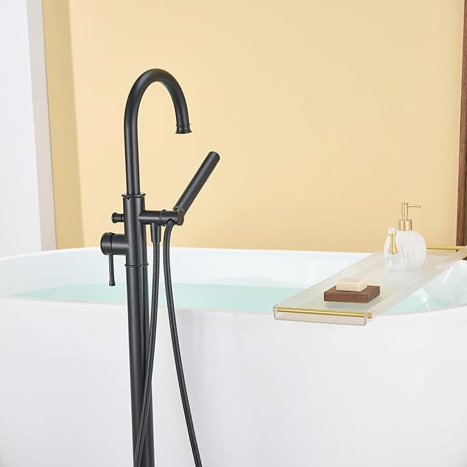 Free Standing Tub Faucet Black Freestanding Bathtub Faucet Floor Mount Brass Bathroom Tub Filler with Hand Shower