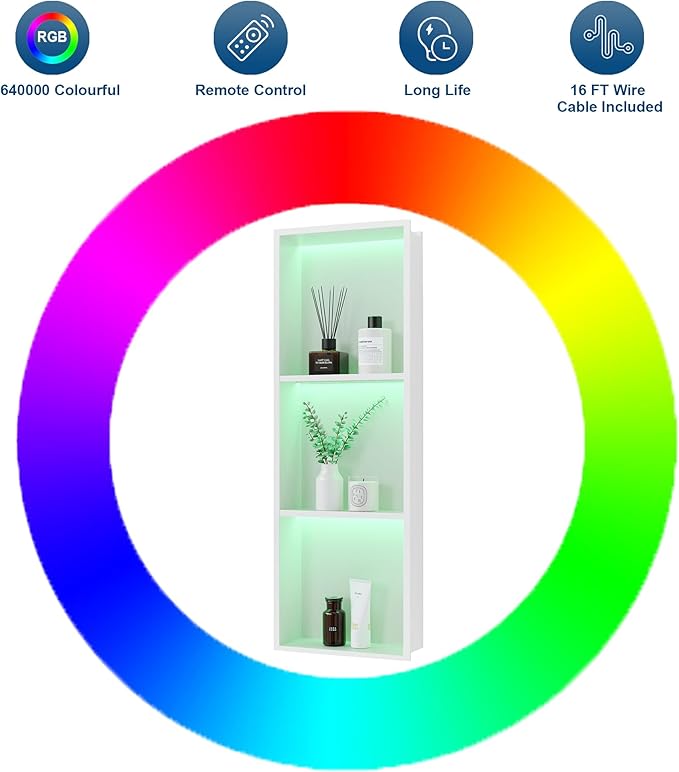 3-Tier 12x36Inch Wall Niche with RGB Lights, White Recessed Stainless Steel Shower Niche with RGB Colorful Remote Control, NO Tile Needed Bathroom Storage Organizer Waterproof