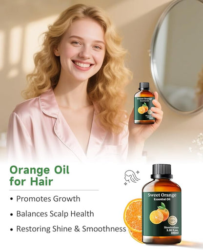 Orange Essential Oil Pure,Mumianhua Natural Sweet Orange Oil for Reed Diffuser, Humidifier, Air Purifier, Skin,Home, Perfumes, Soap, Candles Making, Room Spray, Cleaning 3.38Fl Oz