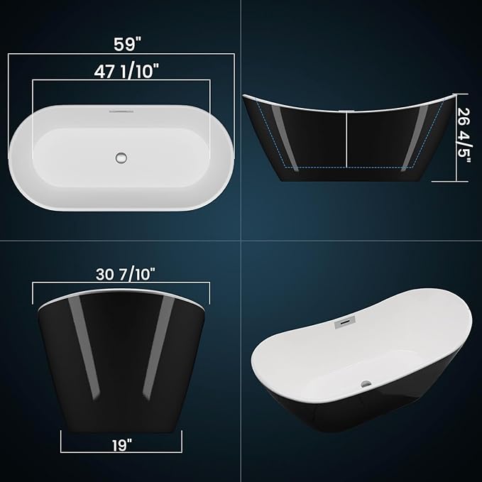 Acrylic Freestanding Bathtub 59 Inch – Contemporary Soaking Tub for Adults with Drain & Overflow, Black & White Finish, Easy Install, Home Spa Bathtub