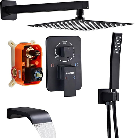 Shower Faucet Set, Black shower system with Square Rainfall Shower head, Handheld Wall Mounted Showerhead and Waterfall Tub Spout, 12 Inch, Metal Shower Faucet Trim Repair Kits