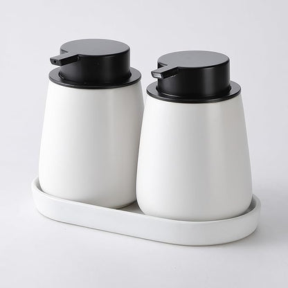 2 Pack White Round Soap Dispenser Tray - 8'' Ceramic Vanity Tray & Organizer Plate Set, Bathroom & Kitchen Countertop Decor for Soap Dispenser, Jewelry, Cosmetics, Sink