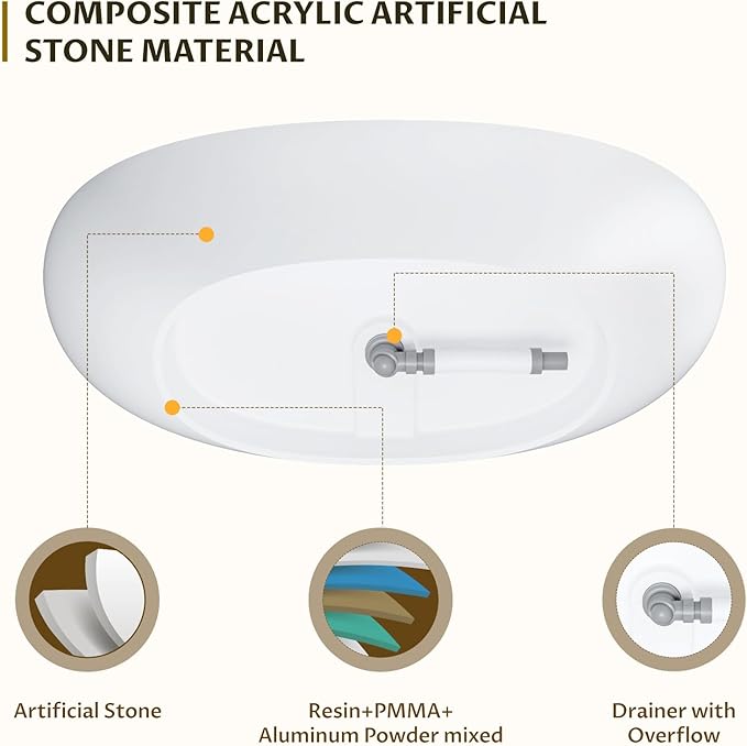 65 in Solid Surface Freestanding Bathtub, Contemporary Oval Shape Soaking Tub, Stone Resin Stand Alone Bathtub With Pop-Up Drain and Overflow, Cupc Certified,Matte White
