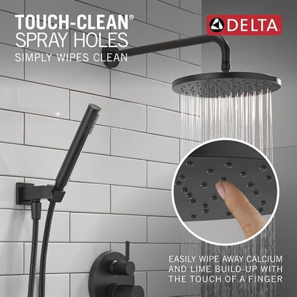 Delta Modern 14 Series Round Rain Shower System Faucet Set, Rainfall Matte Black Shower Head and Handle Set, Valve Trim Kit, 10 Inch, Matte Black 342702-BL