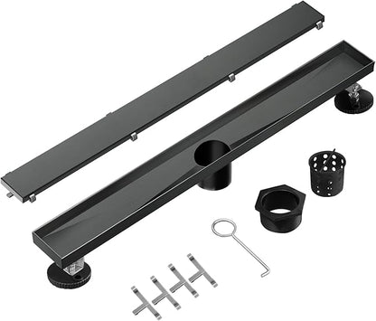 Linear Shower Drain, 48 inch Black Drain with Tile Insert 2-in-1 Panel, Brushed 304 Stainless Steel Shower Floor Drain, Linear Drain with Hair Strainer and Adjustable Feet