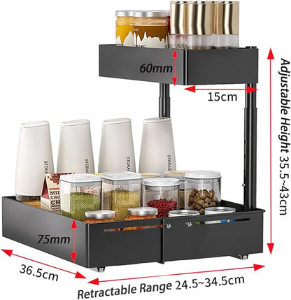 Under Sink Organiser,2 Tier Pull Out Cabinet Organiser,Height Adjustable Out Cabinet Drawer,Multi-Purpose Slide Out Storage Shelves for Home,Kitchen,Bathroom (White) (Black)