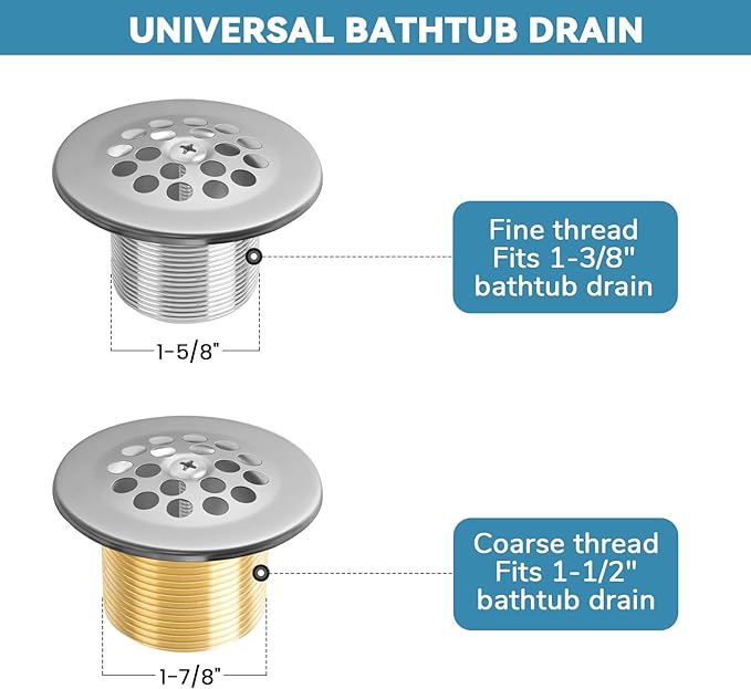Trip Lever Bath Tub Drain Kit, Universal for 1-1/2" and 1-3/8" Bathtub Drain Replacement, No Putty Installation Bathtub Drain Set with Trip Lever Overflow Faceplate and Strainer, Tub Trim Kit