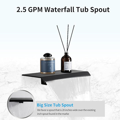8 inch Matte Black Shower System with Tub Spout, Shower Faucet Set with Rain Shower Head and Handheld 3-Setting, Waterfall Bathtub Spout Rainfall Shower Combo Set for Bathroom Wall Mounted