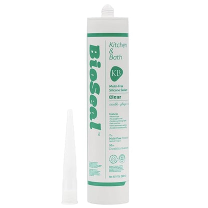 Clear BioSeal 100% Silicone Sealant Caulk Kitchen and Bath Grade, Waterproof and No Odor No Color Change 10.1 Ounce Cartridge, Clear