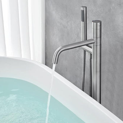 Freestanding Bathtub Faucet Floor Mount Tub Filler Brushed Nickel Brass Single Handle Bathroom Faucets with Hand Shower