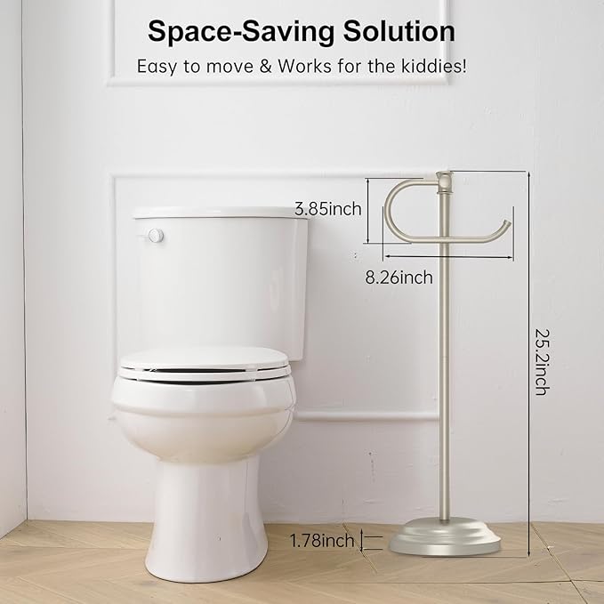 Hoimpro 25" Toilet Paper Holder Free Standing, Floor Bathroom Toilet Paper Tissue Roll Holder with Shelf Storage Stand for 4 Rolls, Freestanding Handle Hardware Accessories Rack Brushed Nickel
