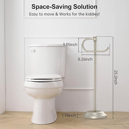 Hoimpro 25" Toilet Paper Holder Free Standing, Floor Bathroom Toilet Paper Tissue Roll Holder with Shelf Storage Stand for 4 Rolls, Freestanding Handle Hardware Accessories Rack Brushed Nickel