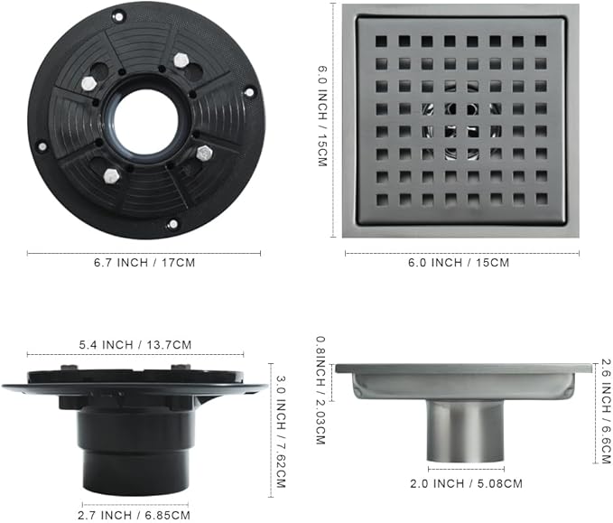 4 Inch Square Shower Drain, SUS 304 Stainless Steel Shower Drain with Flange, Removable Grid Cover Hair Strainer, High Flow Shower Floor Drain, Gun Grey