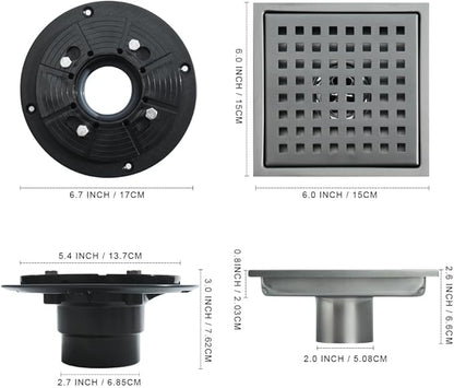 4 Inch Square Shower Drain, SUS 304 Stainless Steel Shower Drain with Flange, Removable Grid Cover Hair Strainer, High Flow Shower Floor Drain, Gun Grey