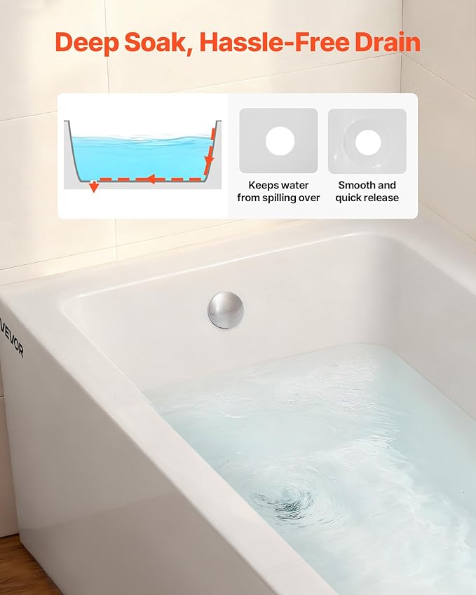 VEVOR Alcove Bathtub, 48" x 30" Contemporary Alcove Acrylic Bathtub, Soaking Bath Tub with Left Hand Drain and Overflow Hole, Large Rectangular Deep Soak Tub for Bathroom with Integral Flange, White
