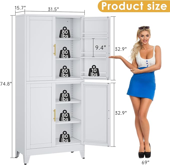 75" Tall Metal Kitchen Pantry Storage Cabinet, Freestanding Cupboard Storage Cabinet with 4 Doors and 4 Adjustable Shelves, Large Stand Up Food Cupboard for Dinning Room, Bathroom, White