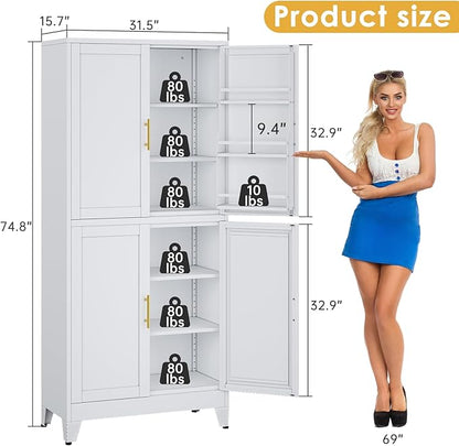75" Tall Metal Kitchen Pantry Storage Cabinet, Freestanding Cupboard Storage Cabinet with 4 Doors and 4 Adjustable Shelves, Large Stand Up Food Cupboard for Dinning Room, Bathroom, White