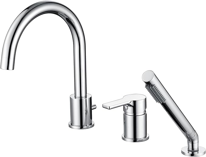 3 Hole Deck Mount Roman Tub Faucet with Hand Shower, Solid Brass Chrome Finish Valve Included